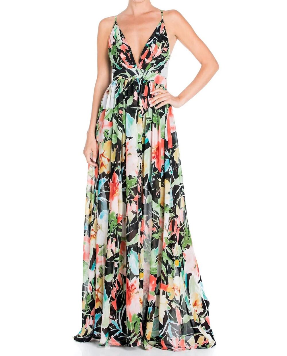 Meghan LA Los Angeles Enchanted Garden Maxi Dress Floral Strappy Open Back Black